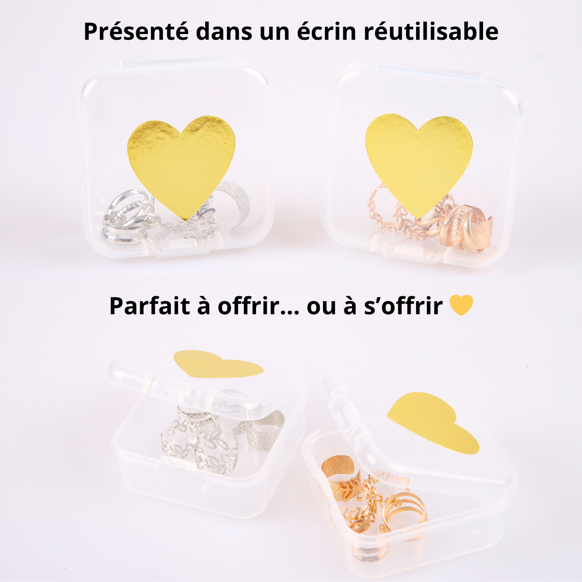 Boîtes cadeaux réutilisables contenant des lots d’earcuffs dorés et argentés