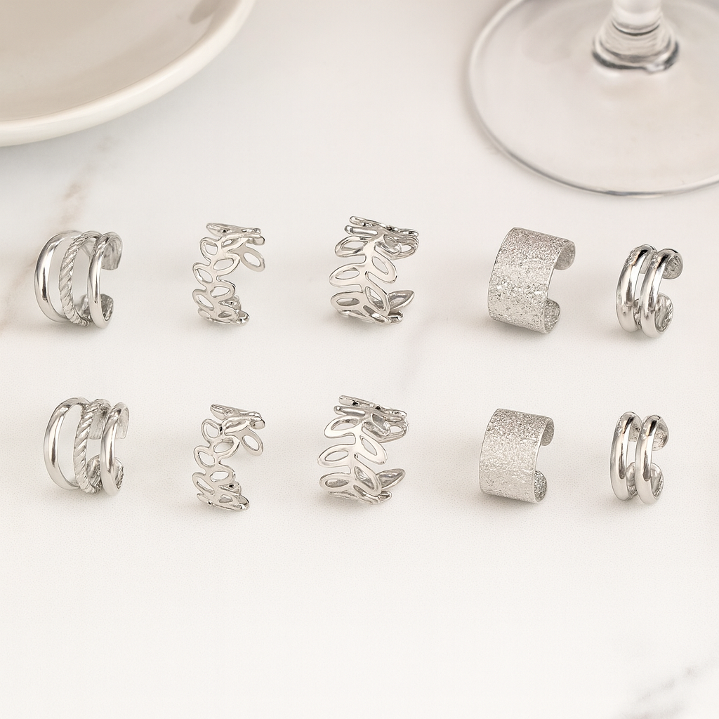 Coffret de 5 earcuffs argentés – boucles d’oreilles sans perçage en acier inoxydable, présentation élégante