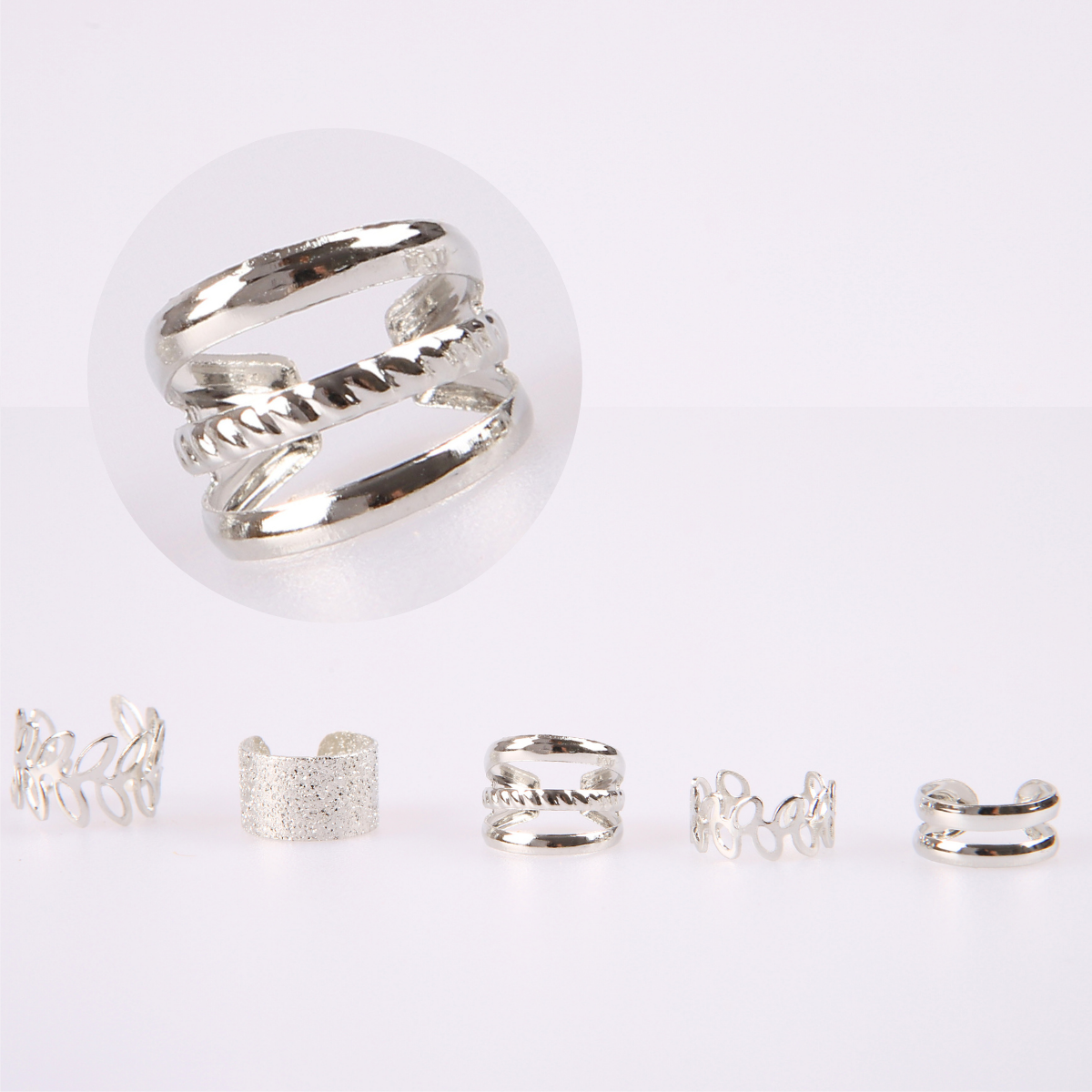 Lot de 5 earcuffs argentés, pour oreilles non percées, en acier inoxydable