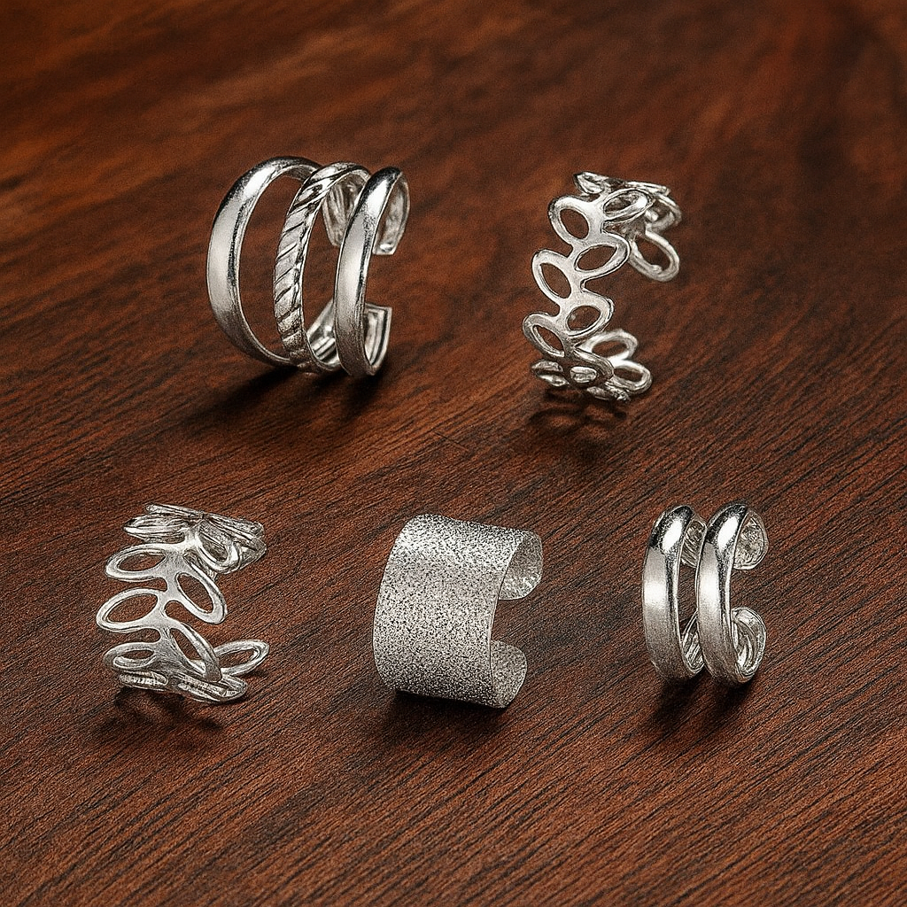 bague d’oreille argentée sans perçage posée sur fond bois chic, earcuff élégant L’Écrin d’Éclat