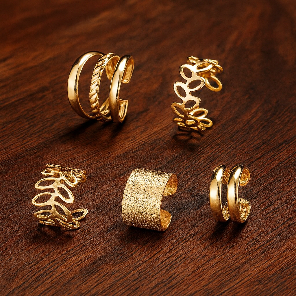 faux piercing d’oreille doré sans perçage posé sur fond bois chic, earcuff élégant L’Écrin d’Éclat