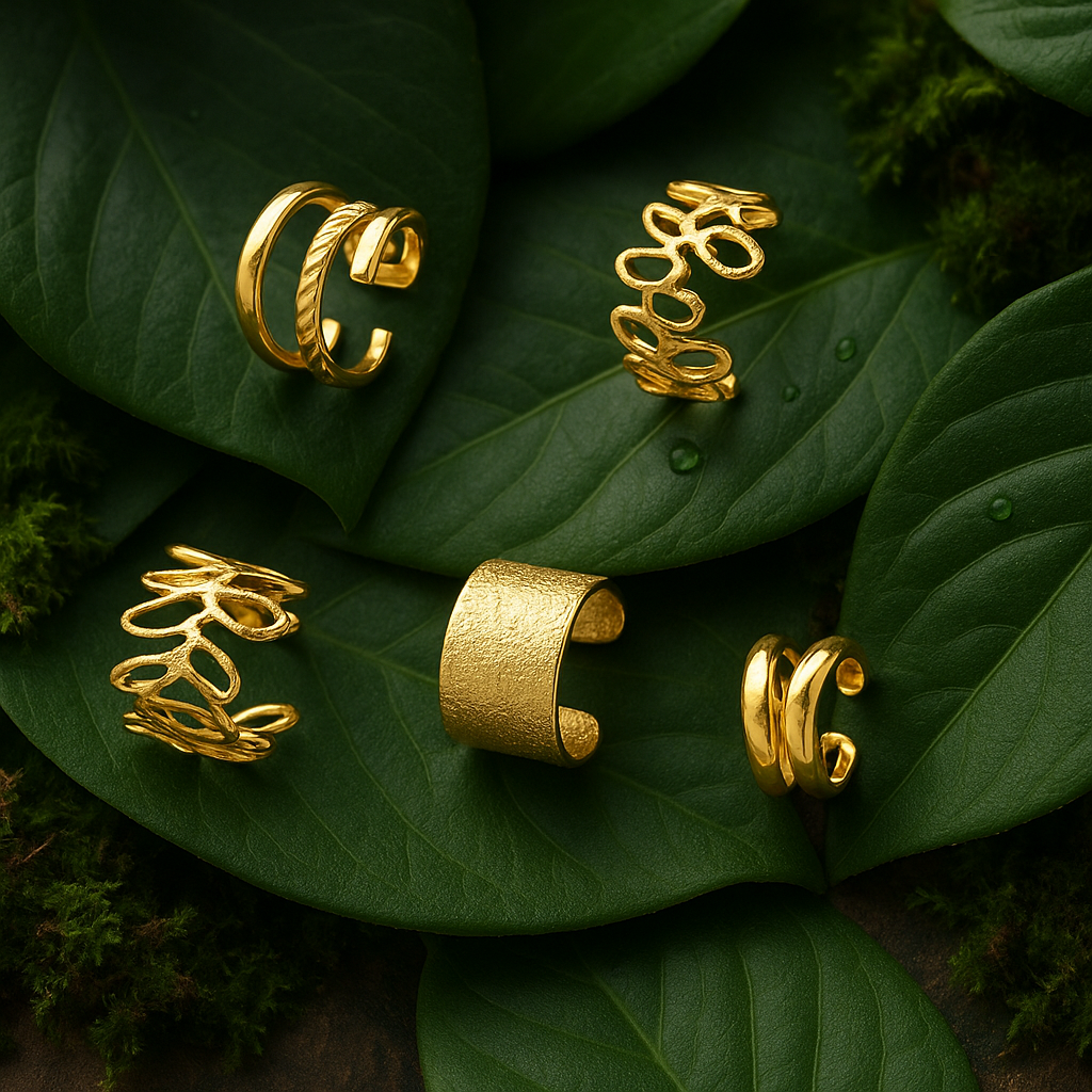 earcuff doré sans perçage sur feuille verte dans ambiance nature chic, bague d’oreille tendance L’Écrin d’Éclat