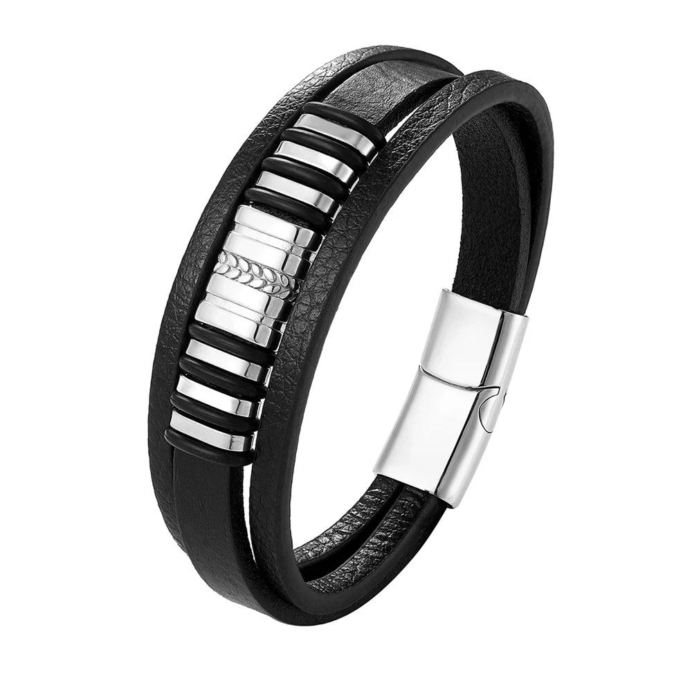 Bracelet Kyros en cuir noir et acier inoxydable argenté, accessoire masculin raffiné et moderne.