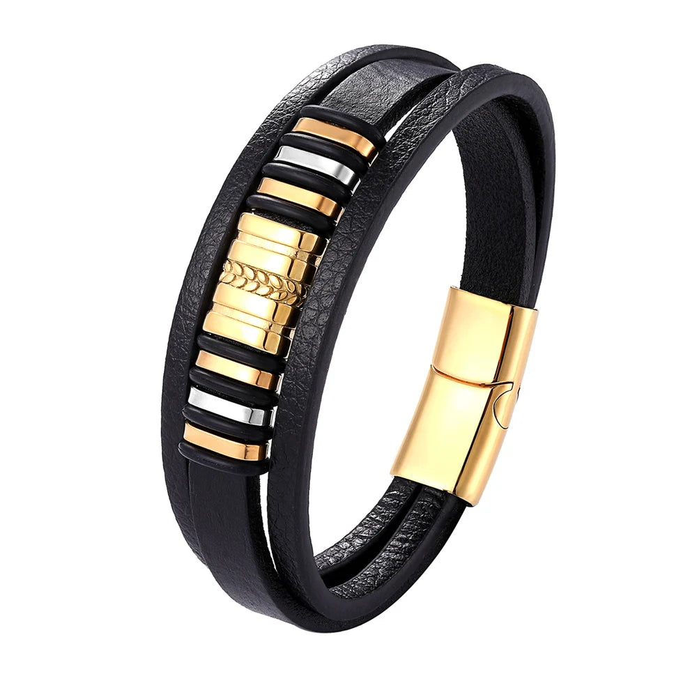 Bracelet homme Kyros en cuir noir avec plaque en acier inoxydable doré, bijou intemporel et sophistiqué.