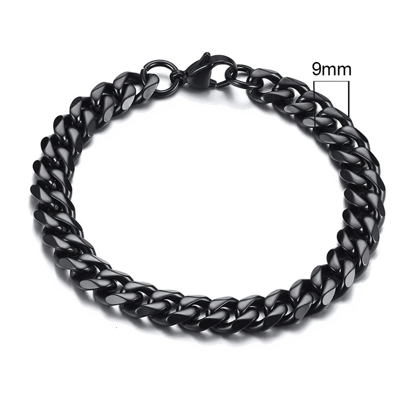 Bracelet homme Titan en acier inoxydable noir, bijou minimaliste et audacieux avec une maille gourmette de 9 mm.