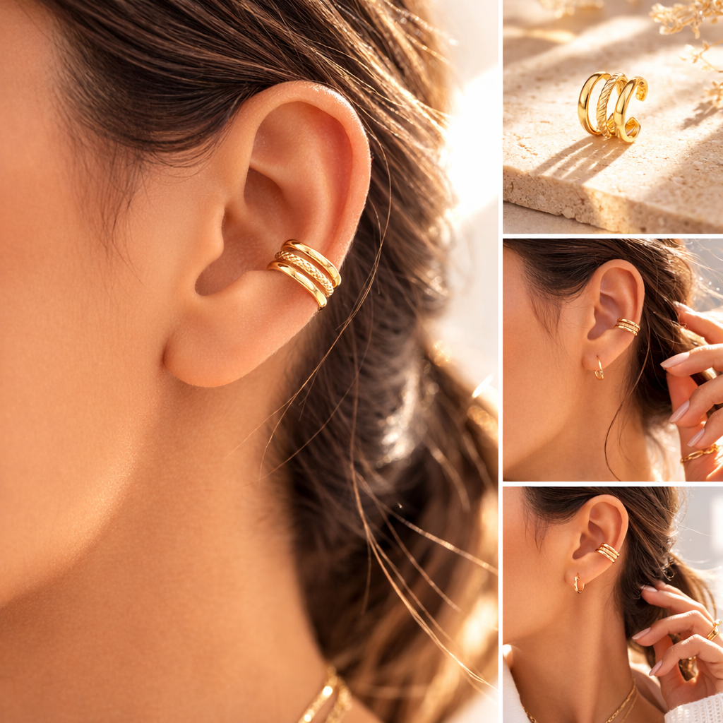 Paire d'ear cuffs Trio Harmonie dorés sans perçage, portée sur l'oreille